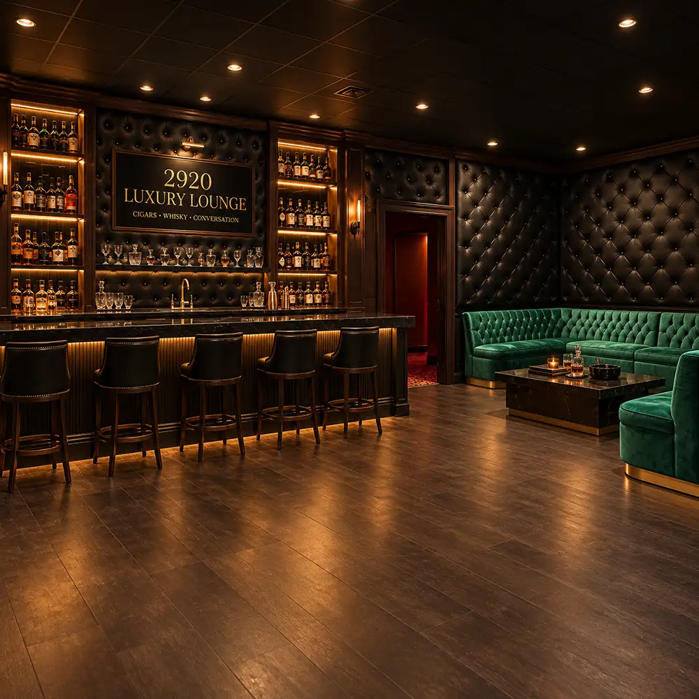 Concept preview of the upcoming 2920 Cigar & Whiskey Lounge with plush seating and an intimate bar setting